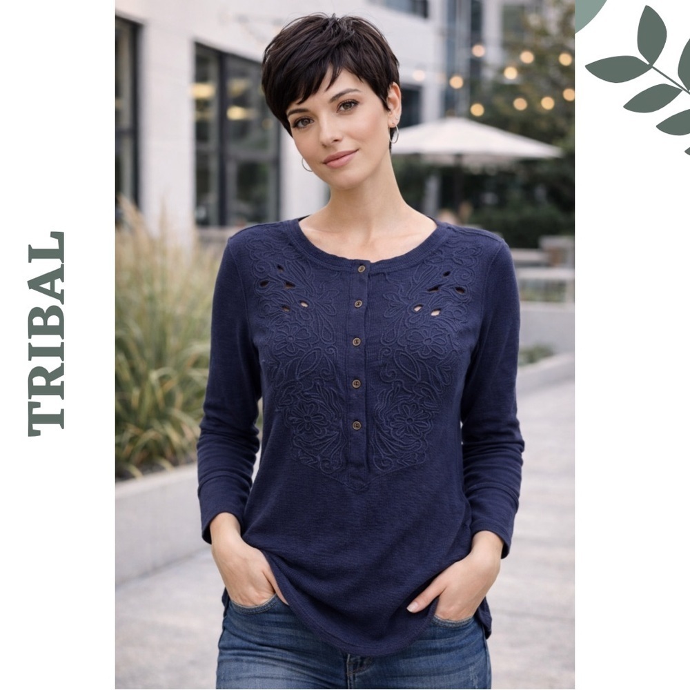 TRIBAL Embroidered Henley Top — Navy | Button Front | Boho Casual | Size Small